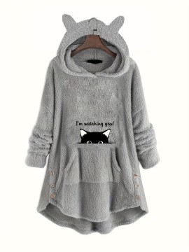 Cute Cat & Warming Letter Print Hoodie, Cute Ear Decor Kangaroo Pocket Plush Asymmetrical Sweatshirt, Women's Clothing
